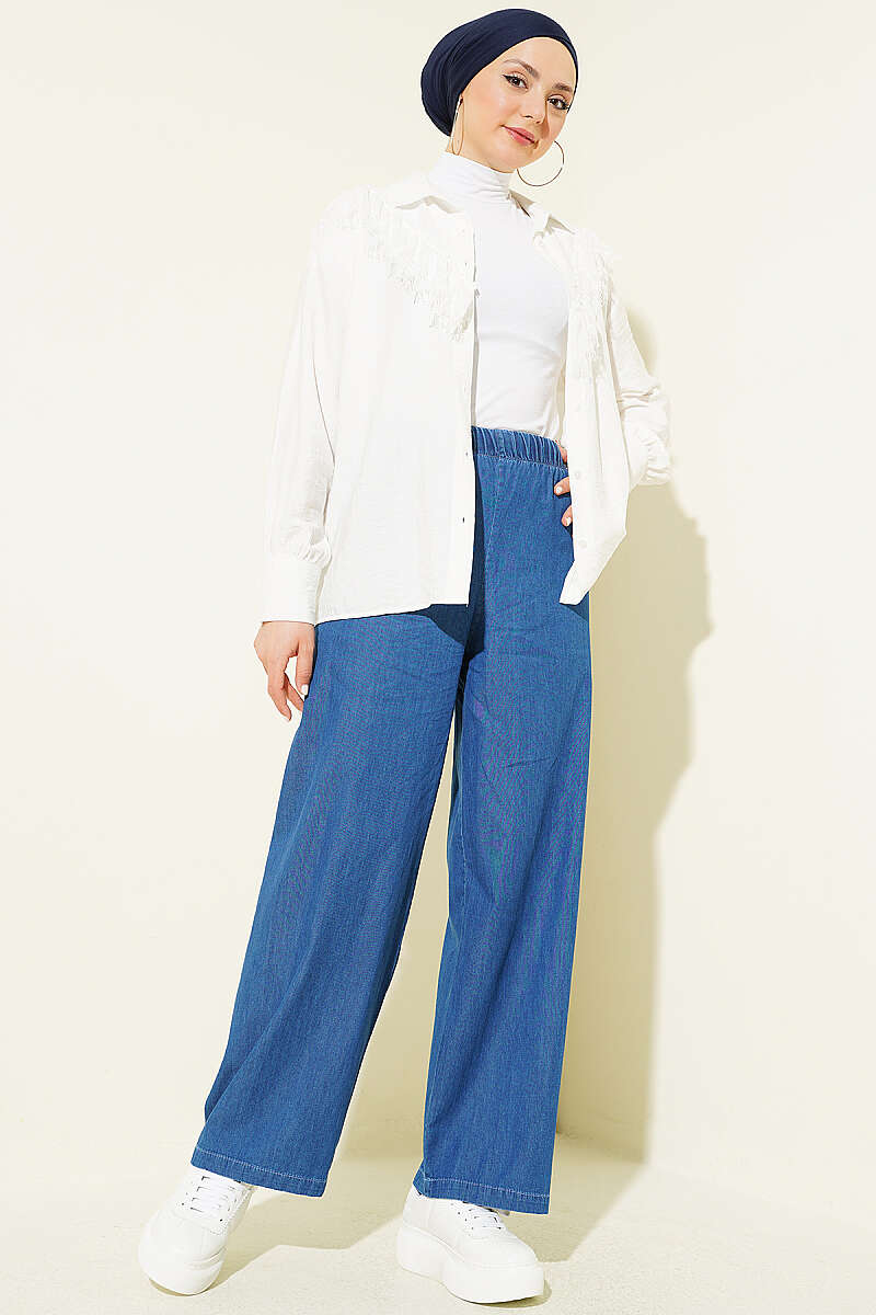 Wide-Leg Denim Trousers with Elastic Waist - Denim Blue