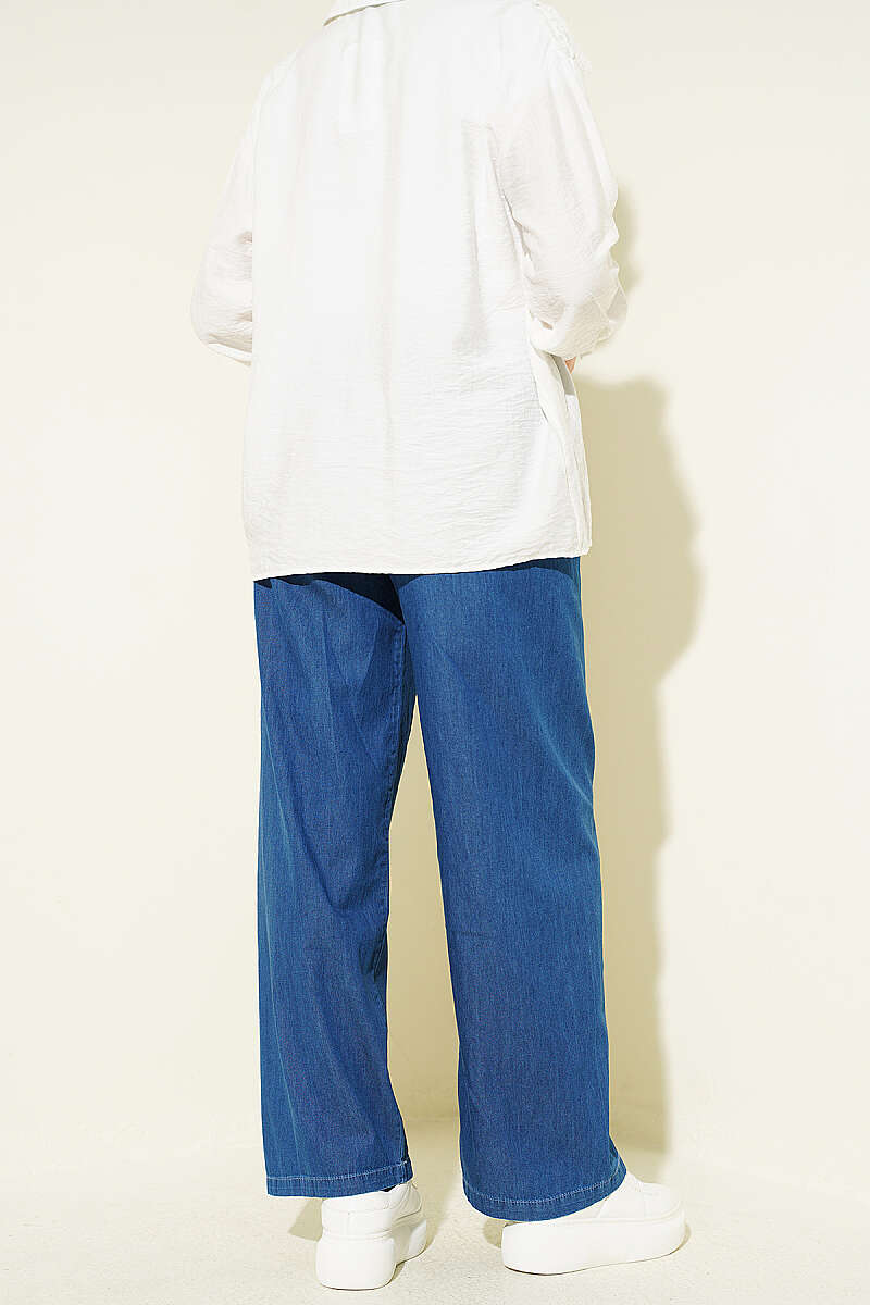 Wide-Leg Denim Trousers with Elastic Waist - Denim Blue