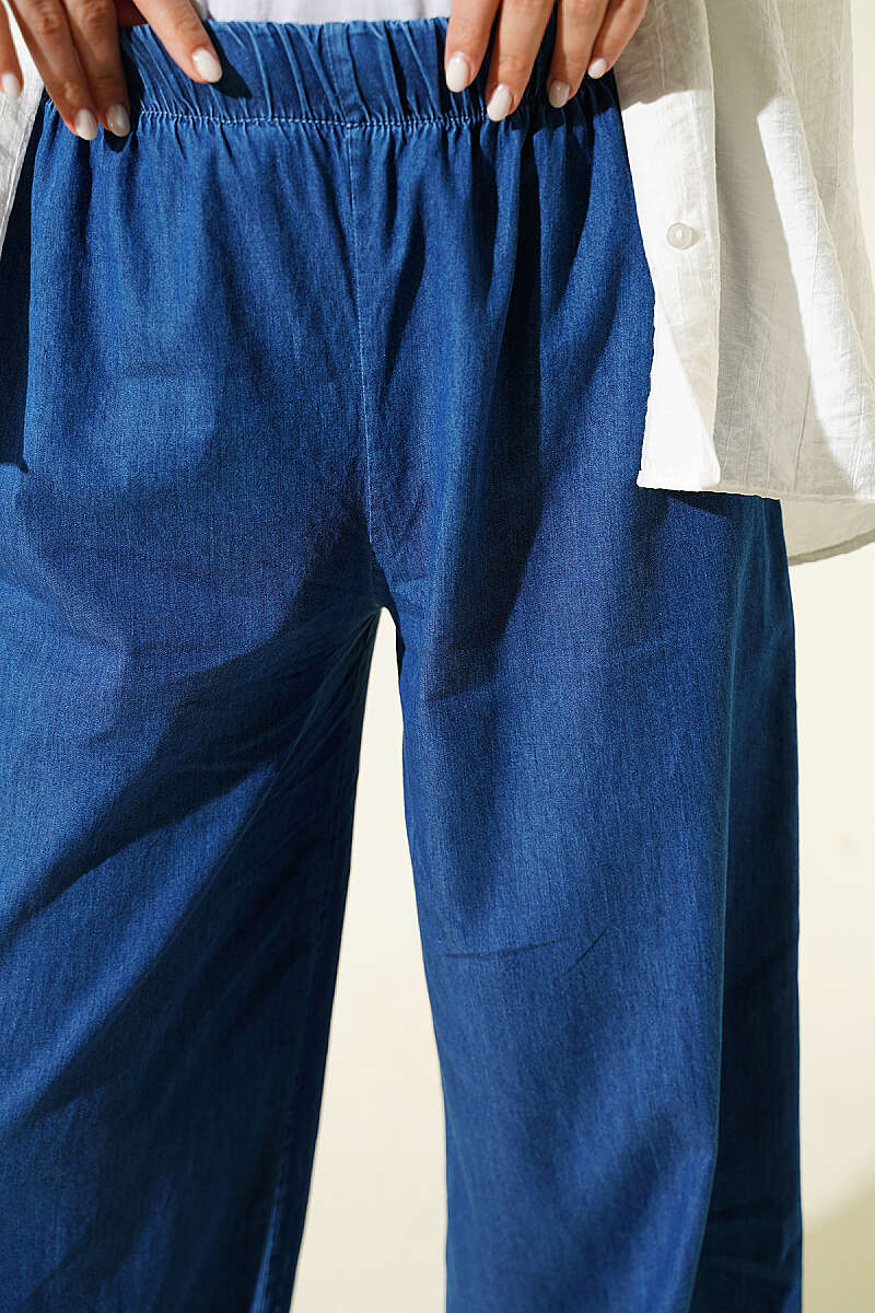 Wide-Leg Denim Trousers with Elastic Waist - Denim Blue