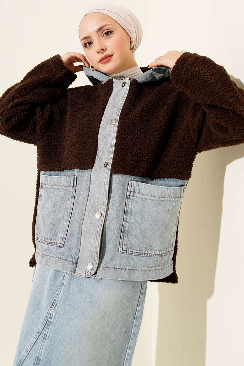 Plush Snap-Button Jacket with Denim Trim - Brown