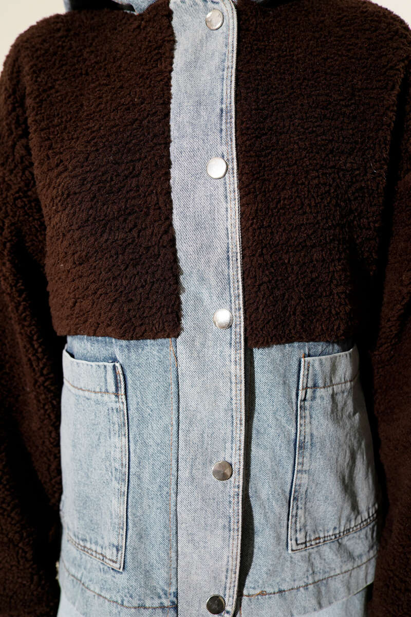 Plush Snap-Button Jacket with Denim Trim - Brown