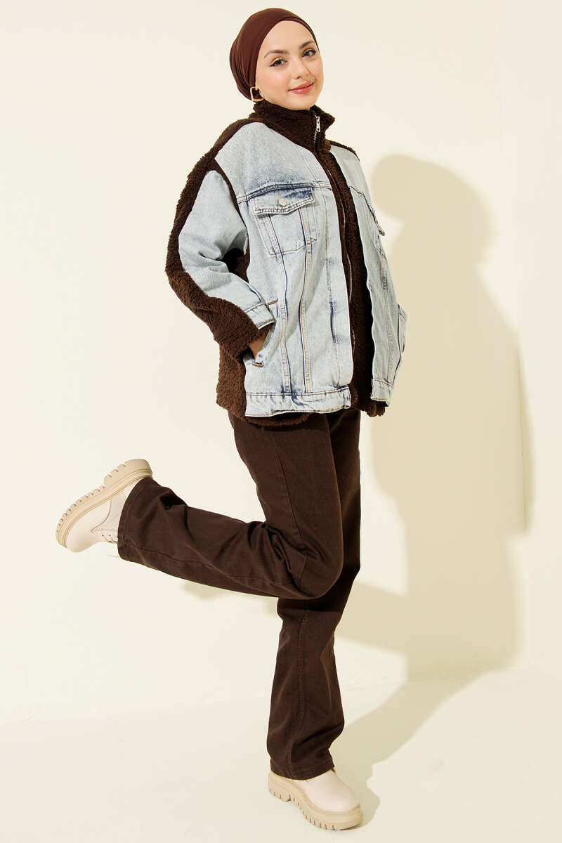 Plush Zip Jacket with Denim Trim - Brown