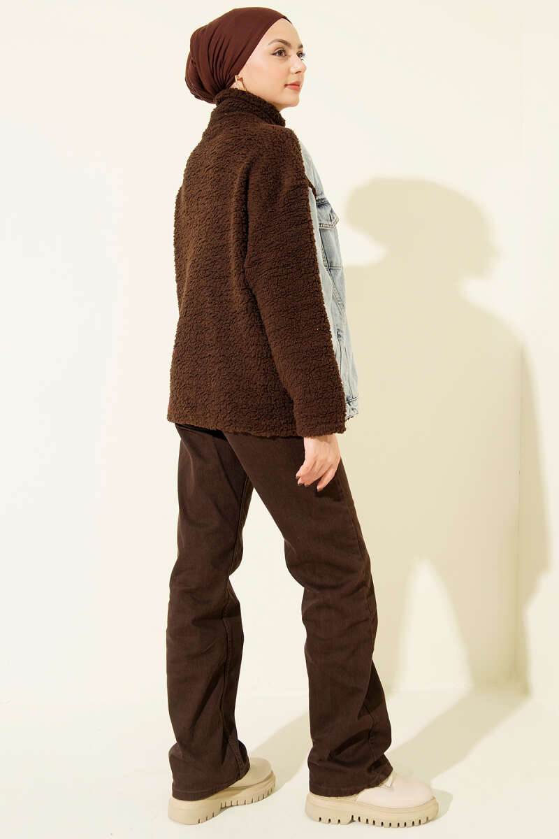 Plush Zip Jacket with Denim Trim - Brown