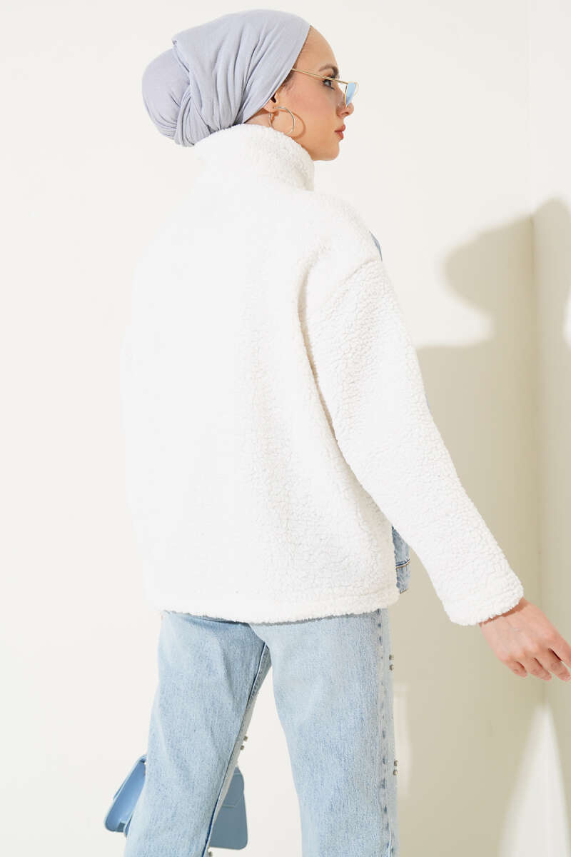 Plush Zip Jacket with Denim Trim - Blue