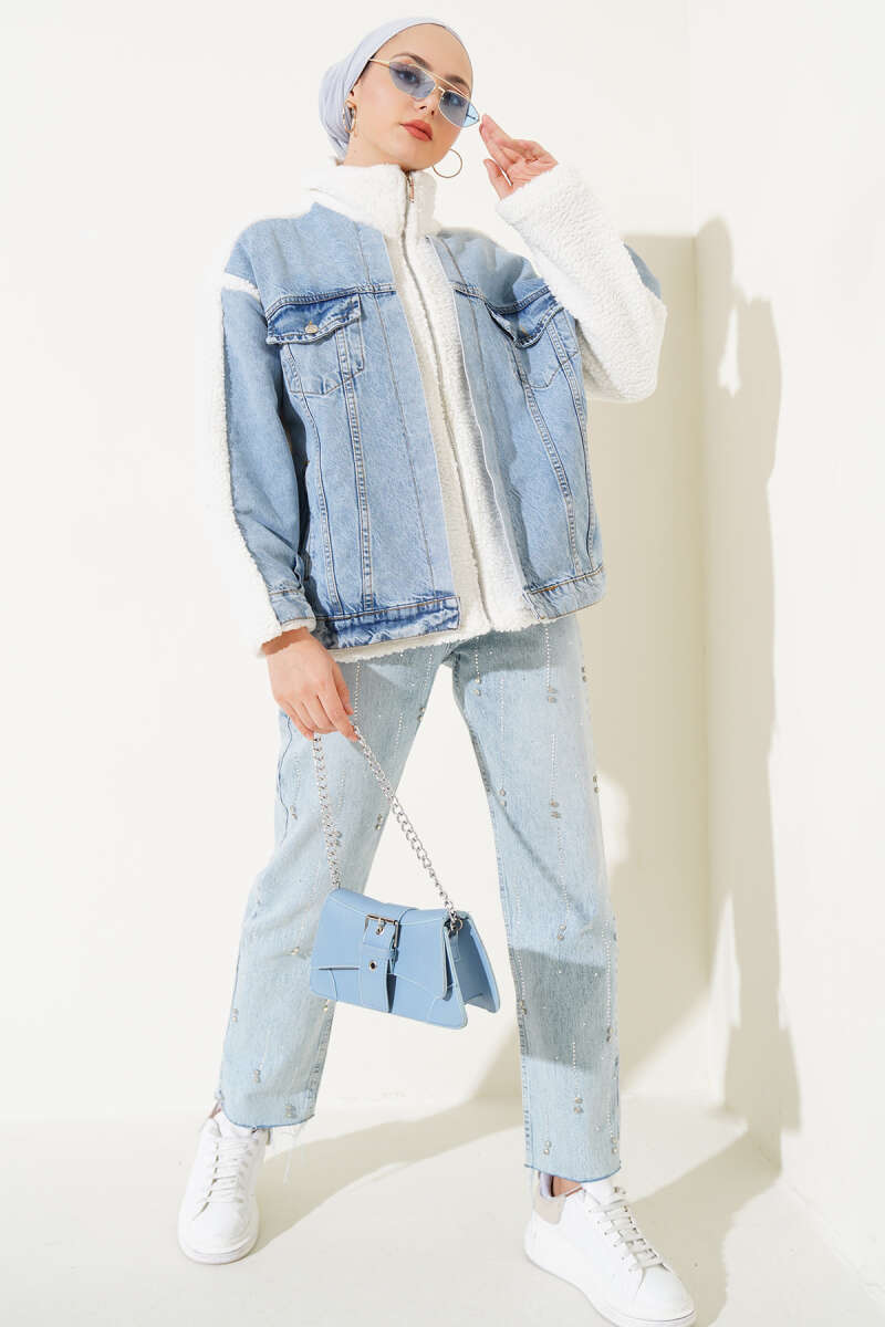 Plush Zip Jacket with Denim Trim - Blue