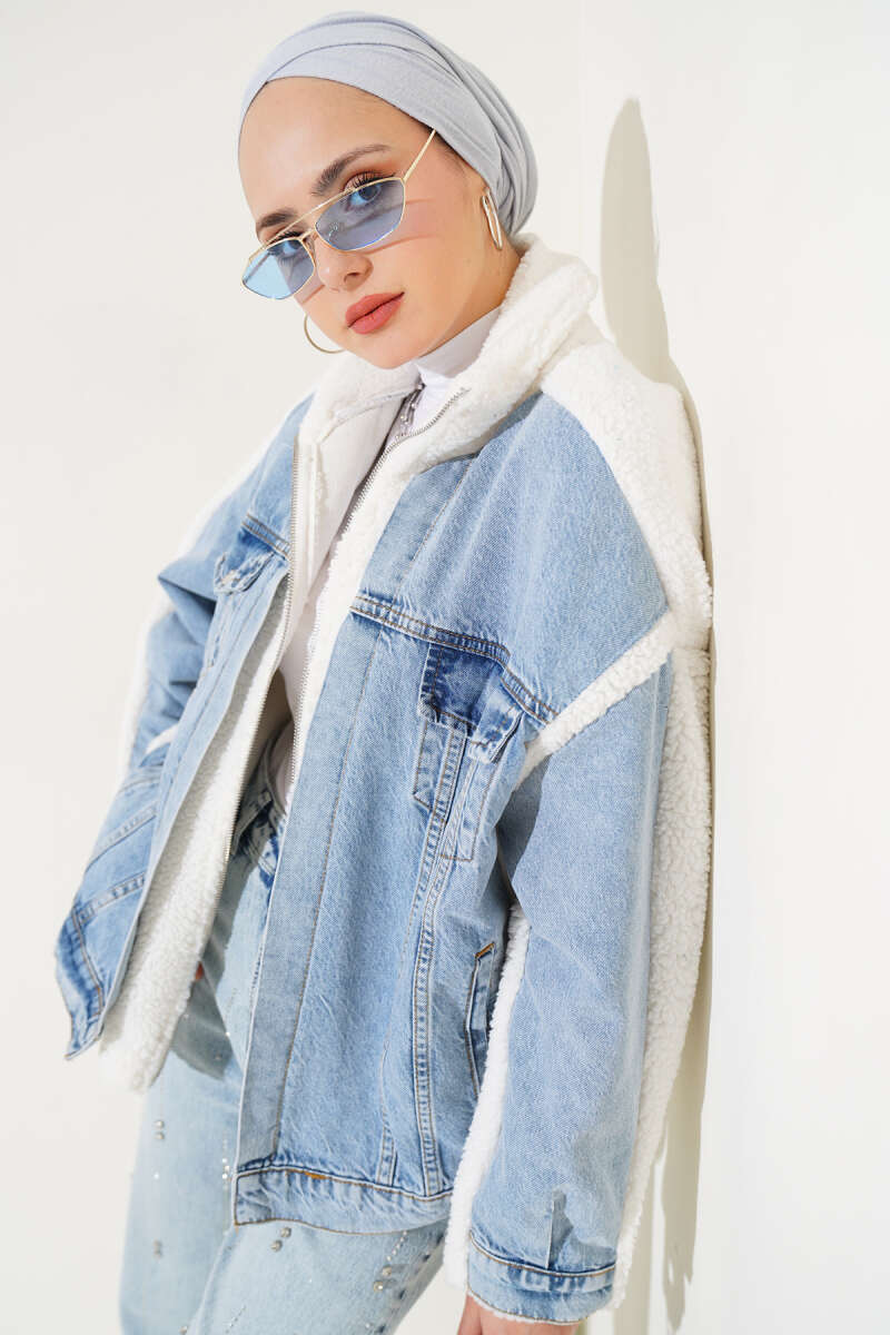 Plush Zip Jacket with Denim Trim - Blue