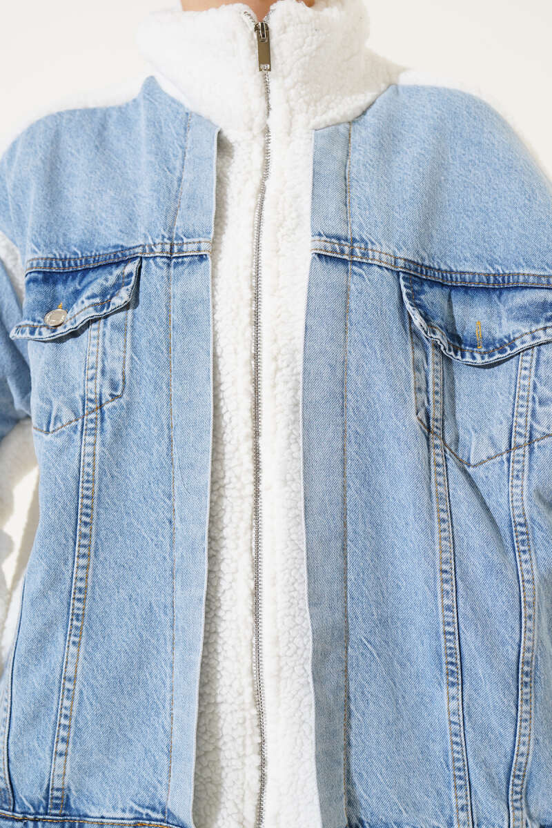 Plush Zip Jacket with Denim Trim - Blue