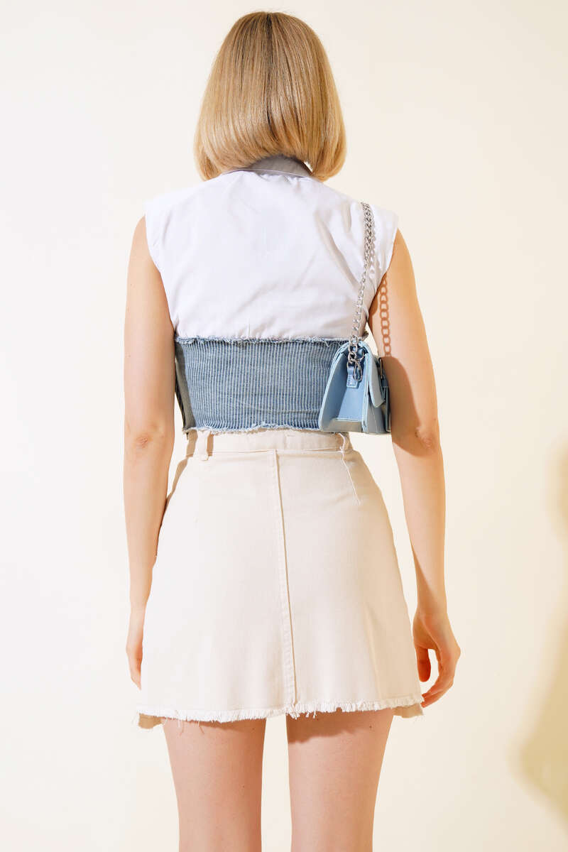 Crop Top with Shoulder Pads and Denim Trim - Multicolour