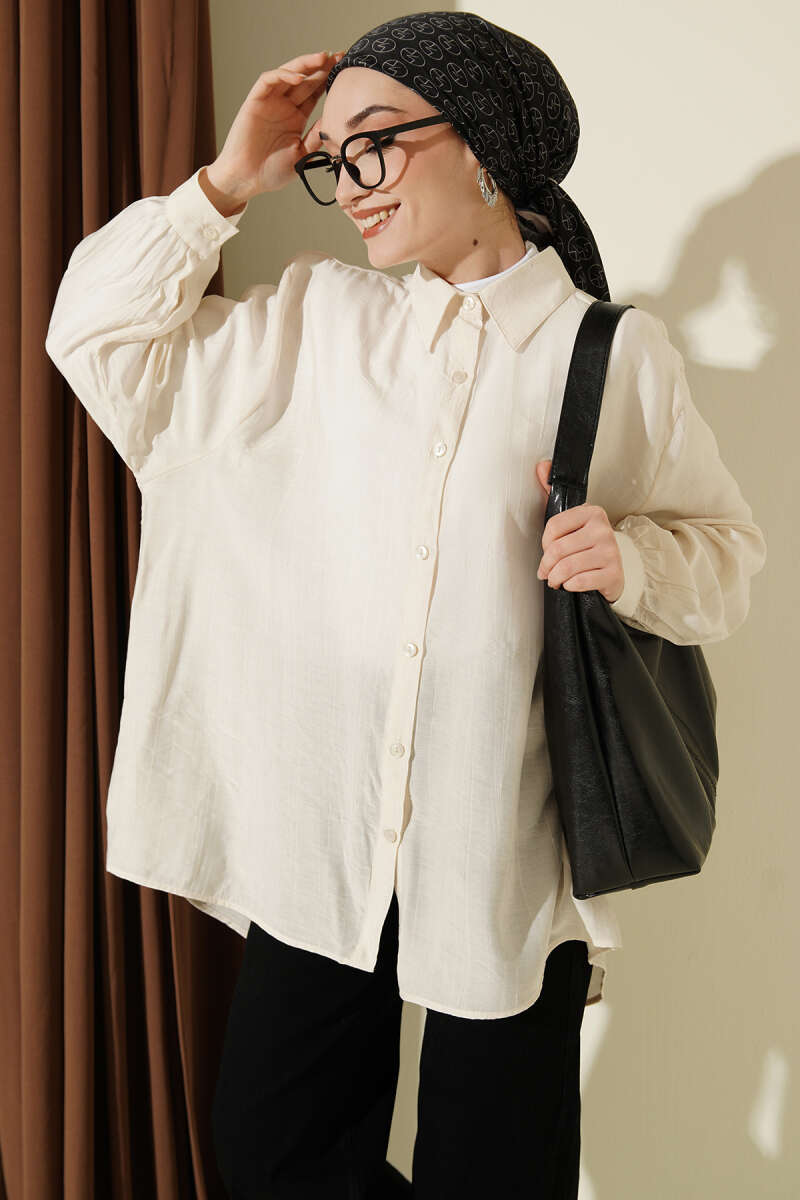 Oversized Crinkle Shirt with Viscose Feel - Beige