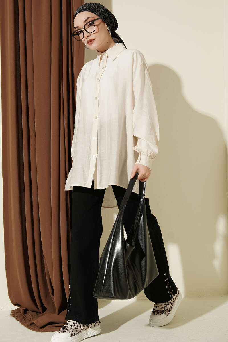 Oversized Crinkle Shirt with Viscose Feel - Beige