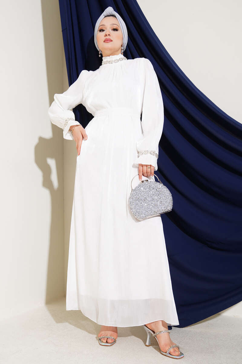 Crystal Stone Chiffon Dress - White