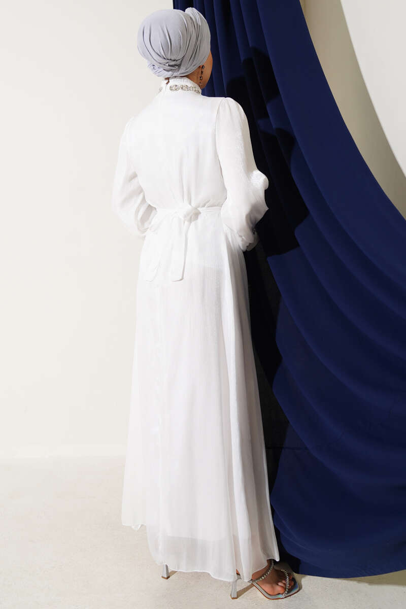 Crystal Stone Chiffon Dress - White
