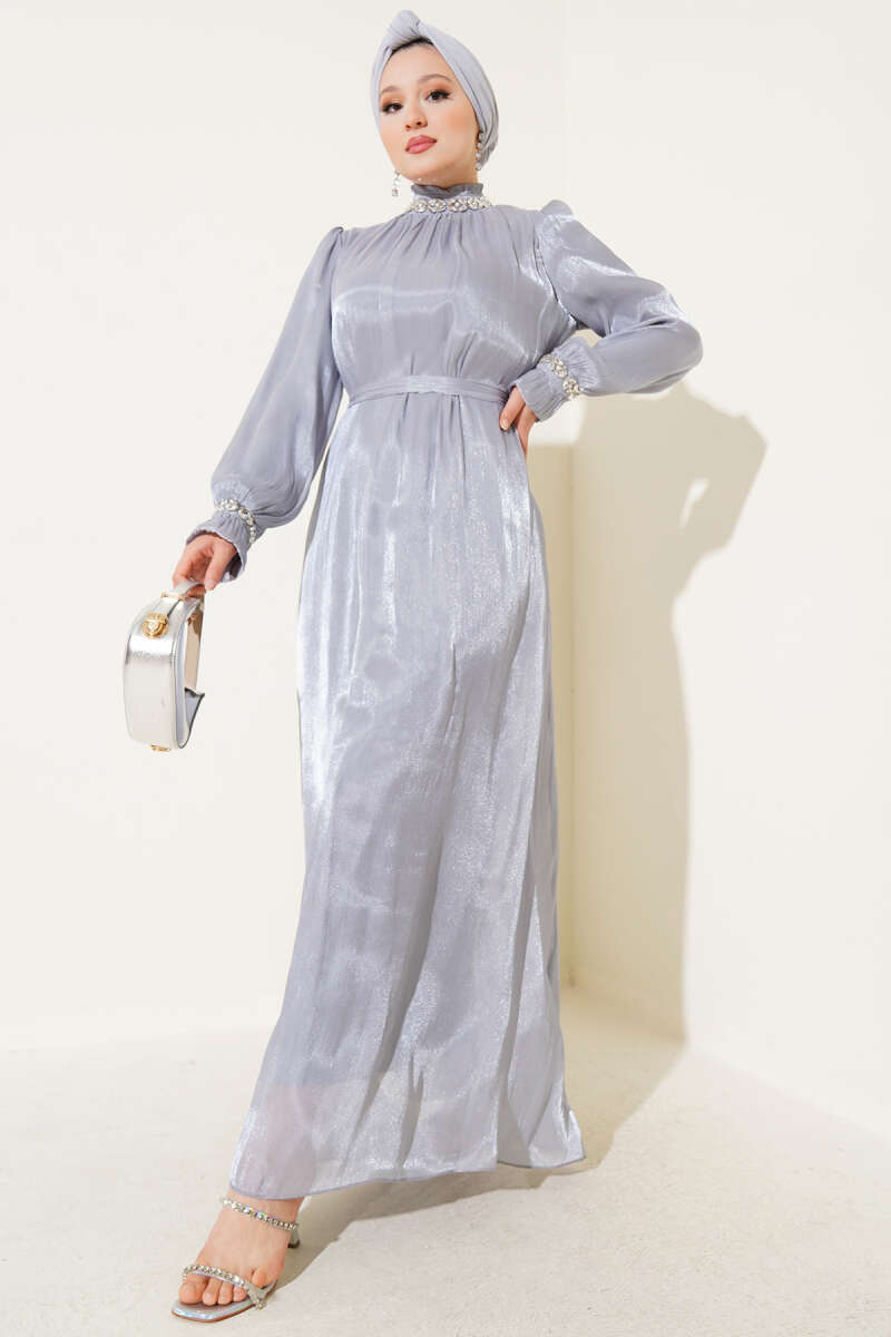 Crystal Stone Chiffon Dress - Grey