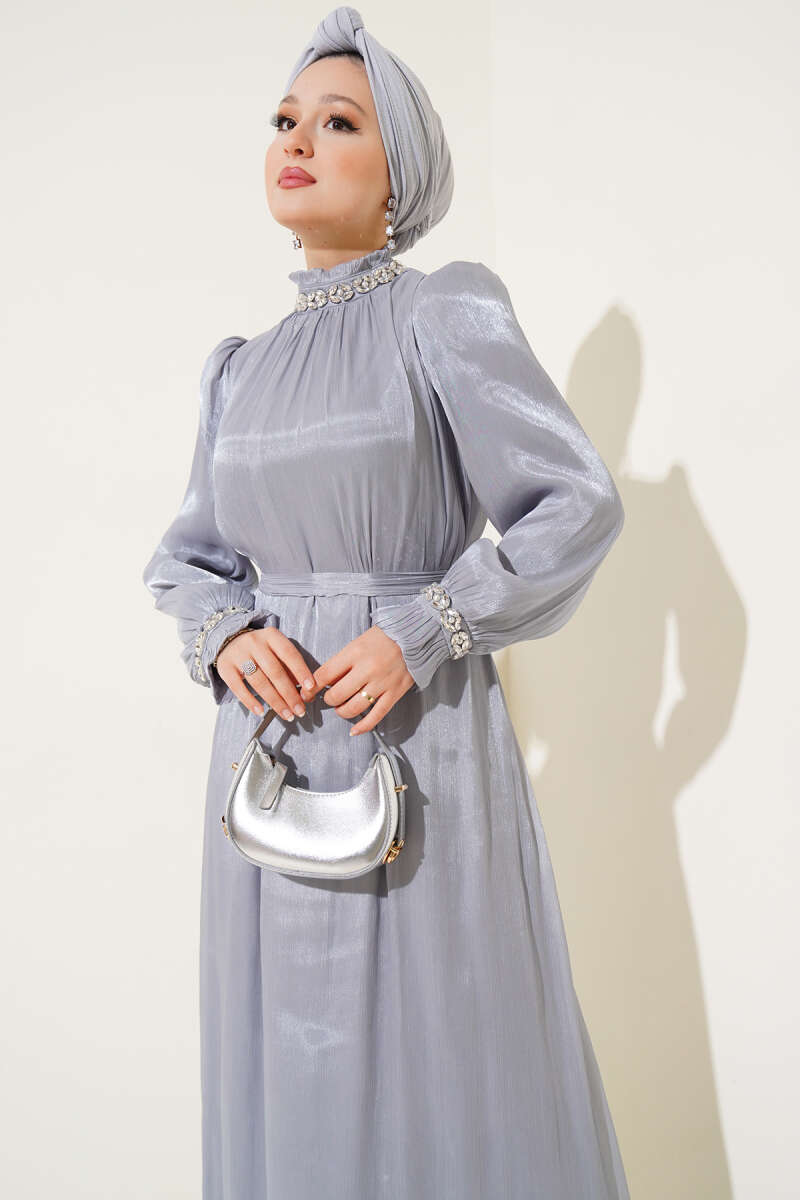 Crystal Stone Chiffon Dress - Grey