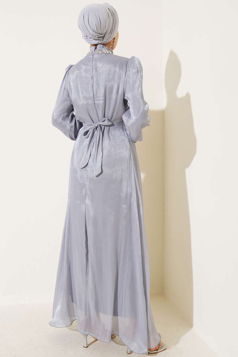 Crystal Stone Chiffon Dress - Grey