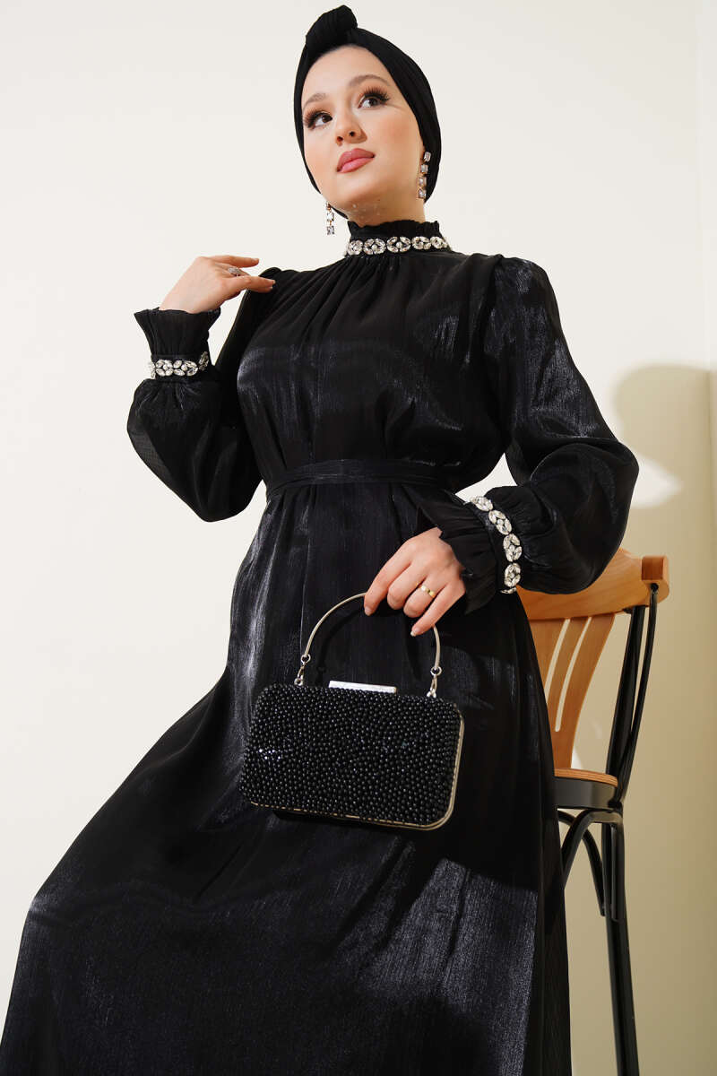 Crystal Stone Chiffon Dress - Black