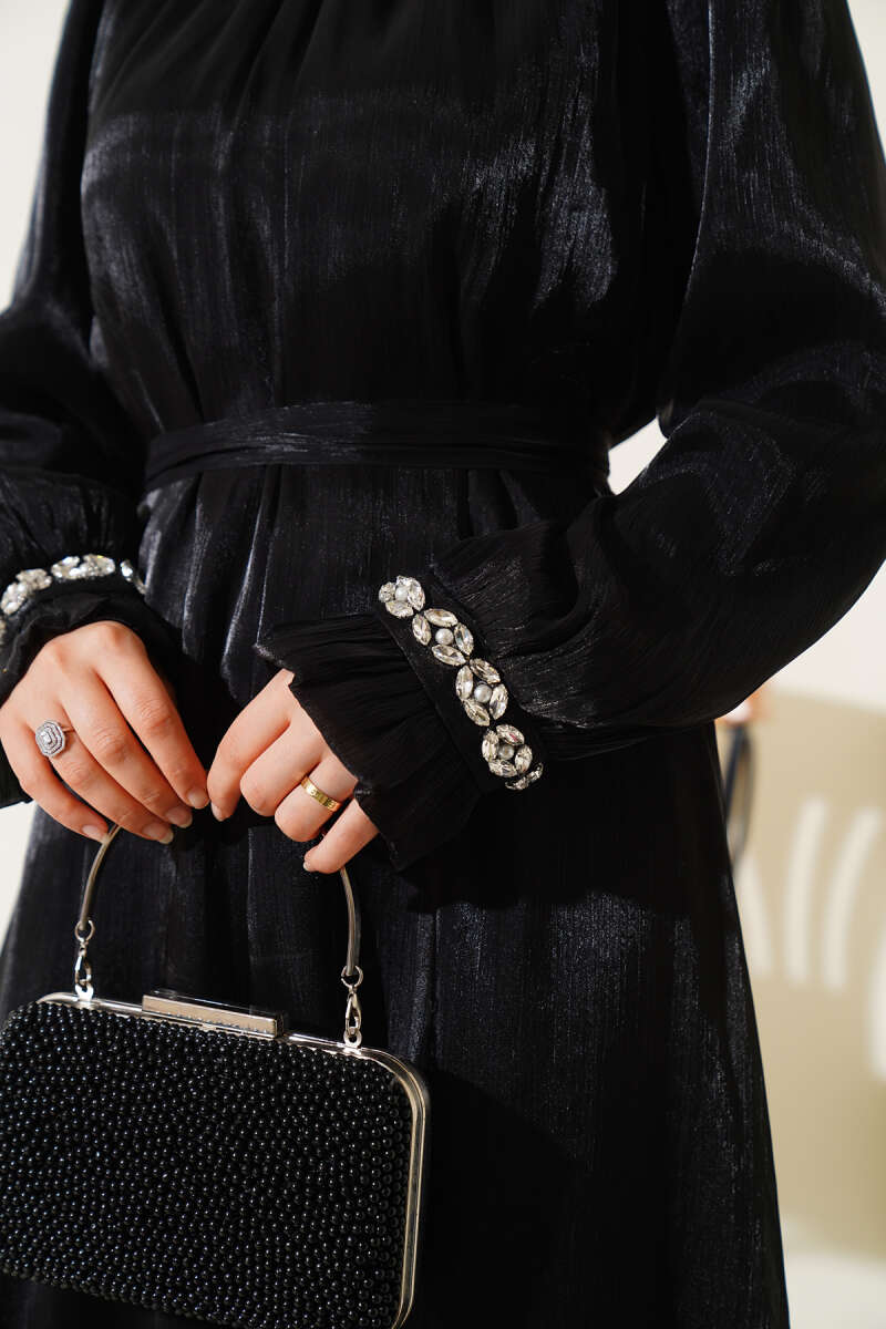 Crystal Stone Chiffon Dress - Black