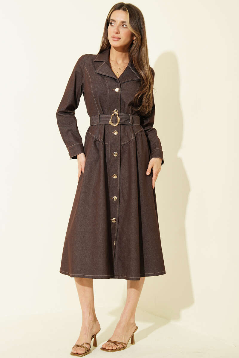Wrap Button-Through Denim Dress - Brown