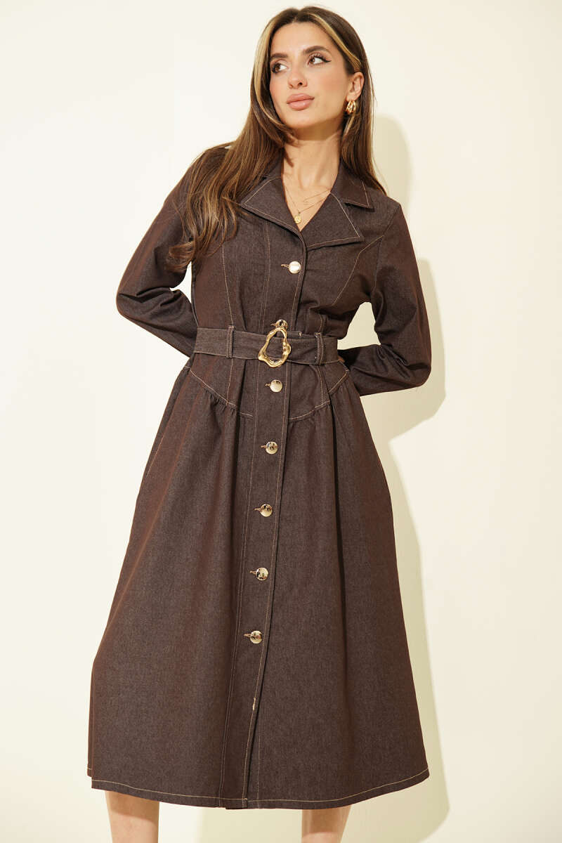 Wrap Button-Through Denim Dress - Brown