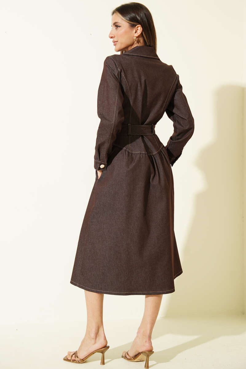 Wrap Button-Through Denim Dress - Brown