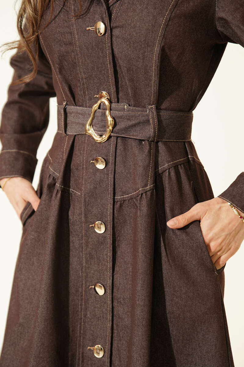 Wrap Button-Through Denim Dress - Brown