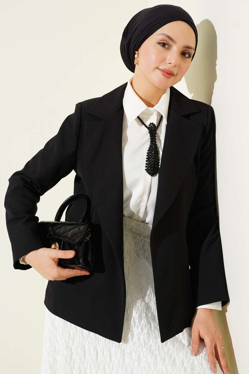 Double-Breasted Blazer with Striped Lining - Black