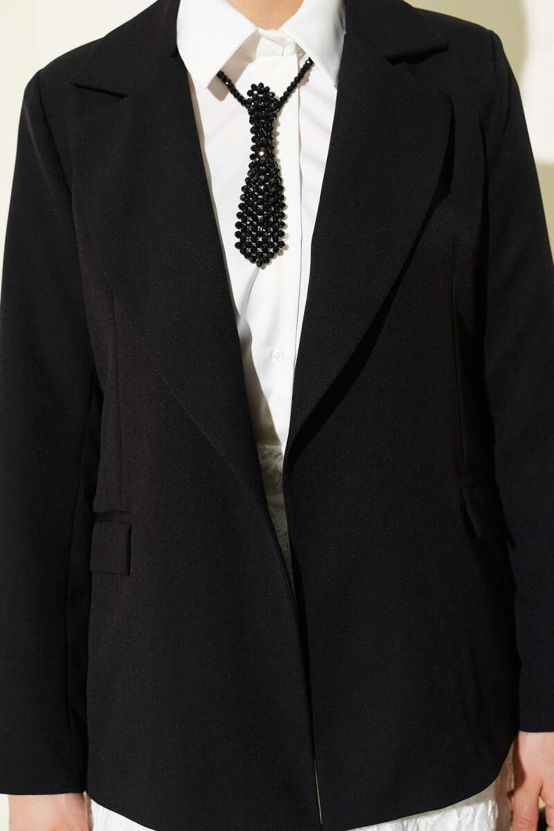Double-Breasted Blazer with Striped Lining - Black