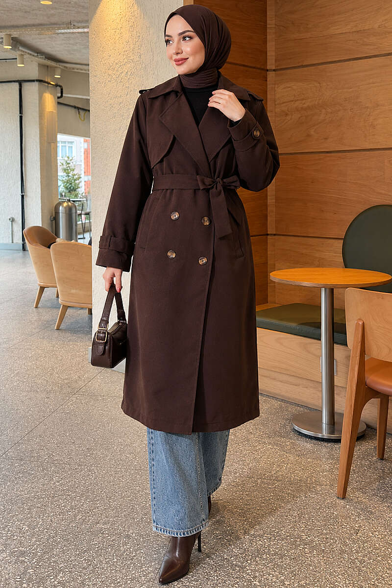 Long Double-Breasted Trench Coat - Dark Brown