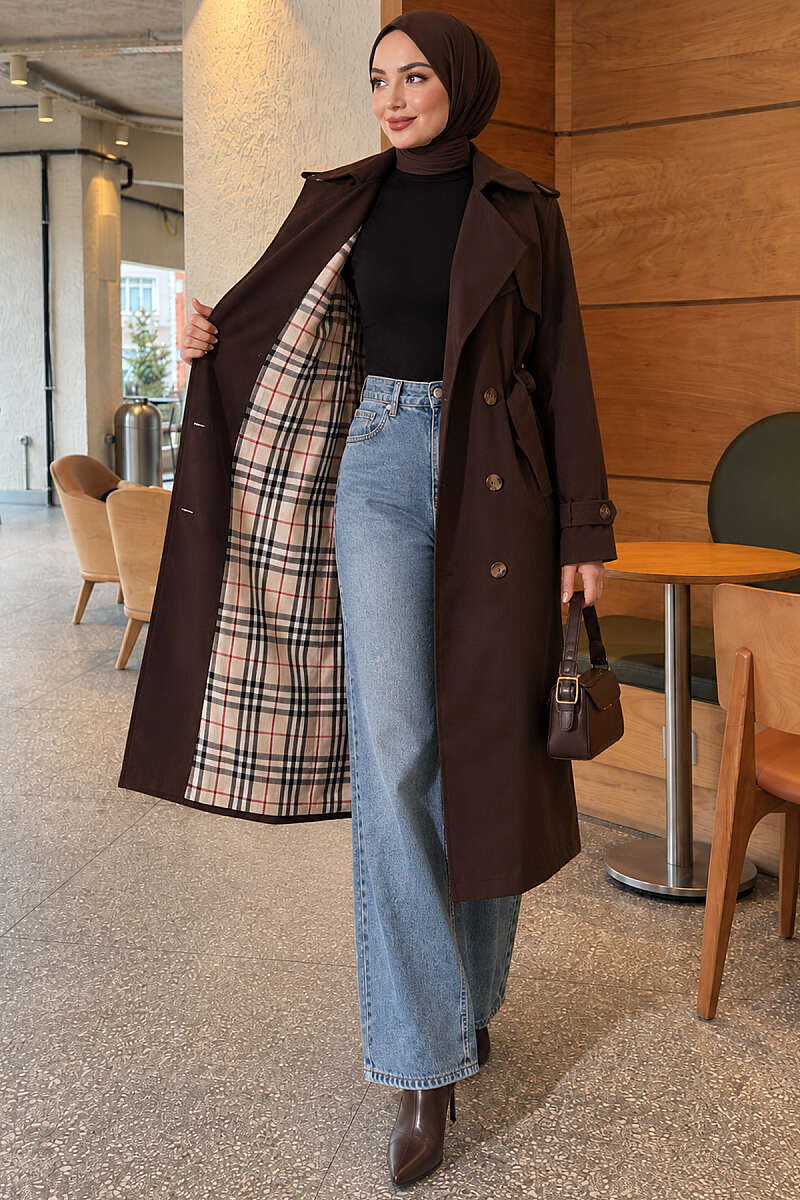 Long Double-Breasted Trench Coat - Dark Brown