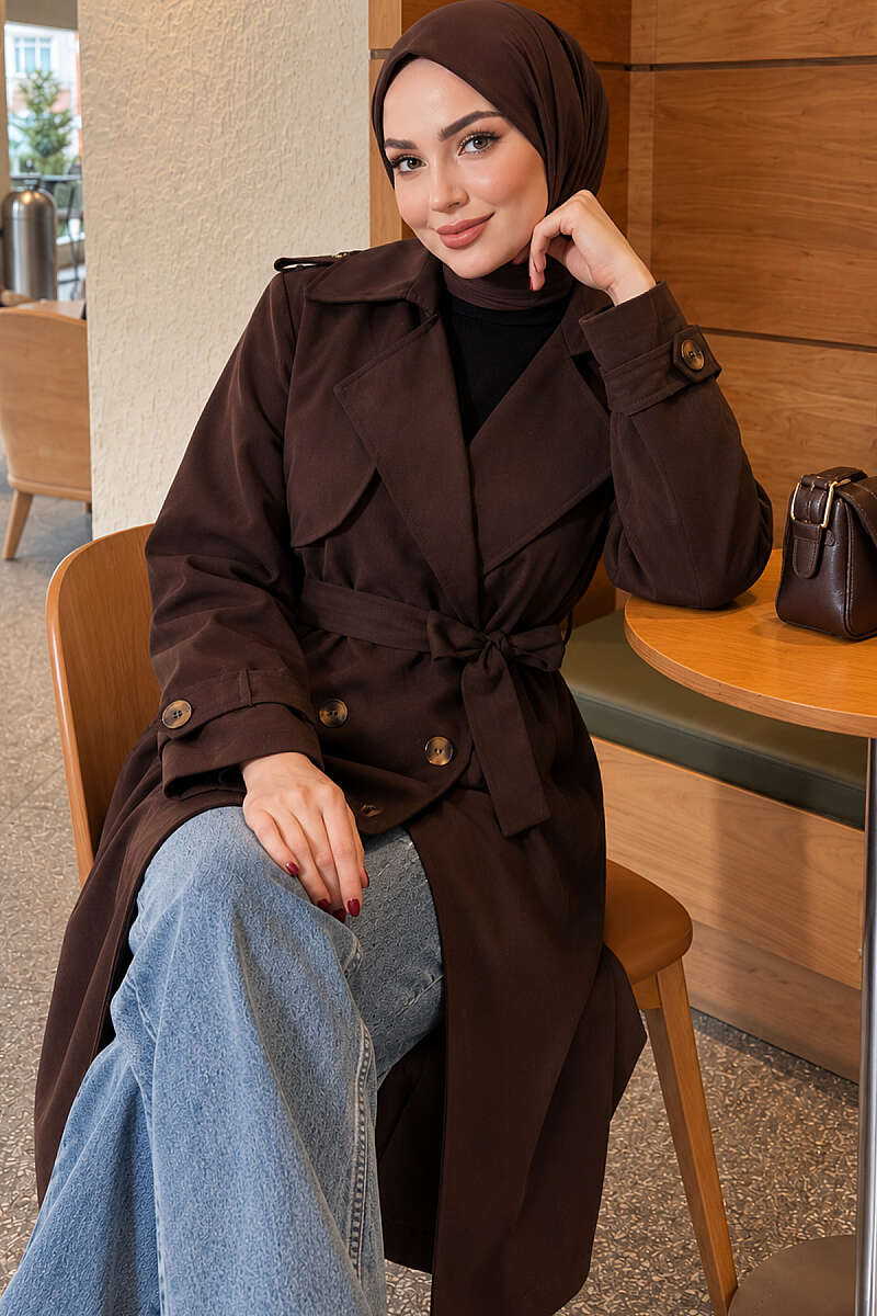 Long Double-Breasted Trench Coat - Dark Brown
