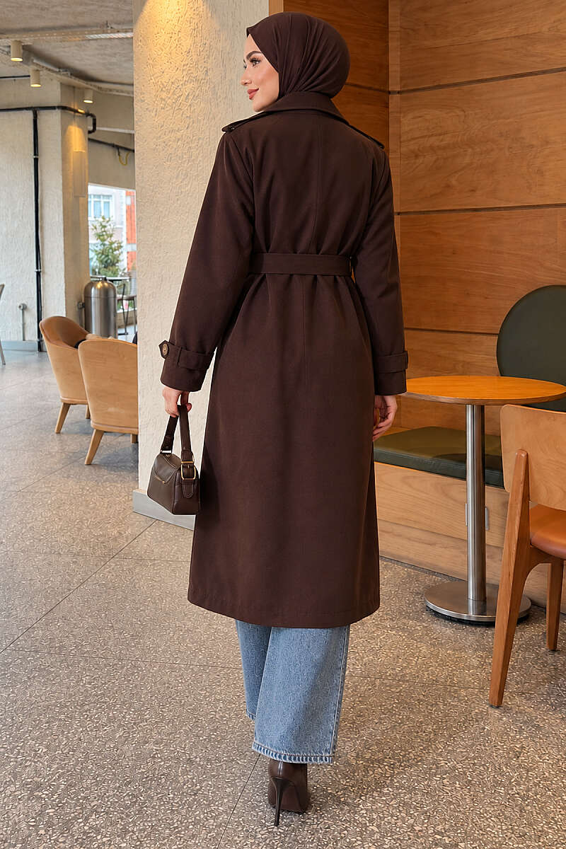 Long Double-Breasted Trench Coat - Dark Brown