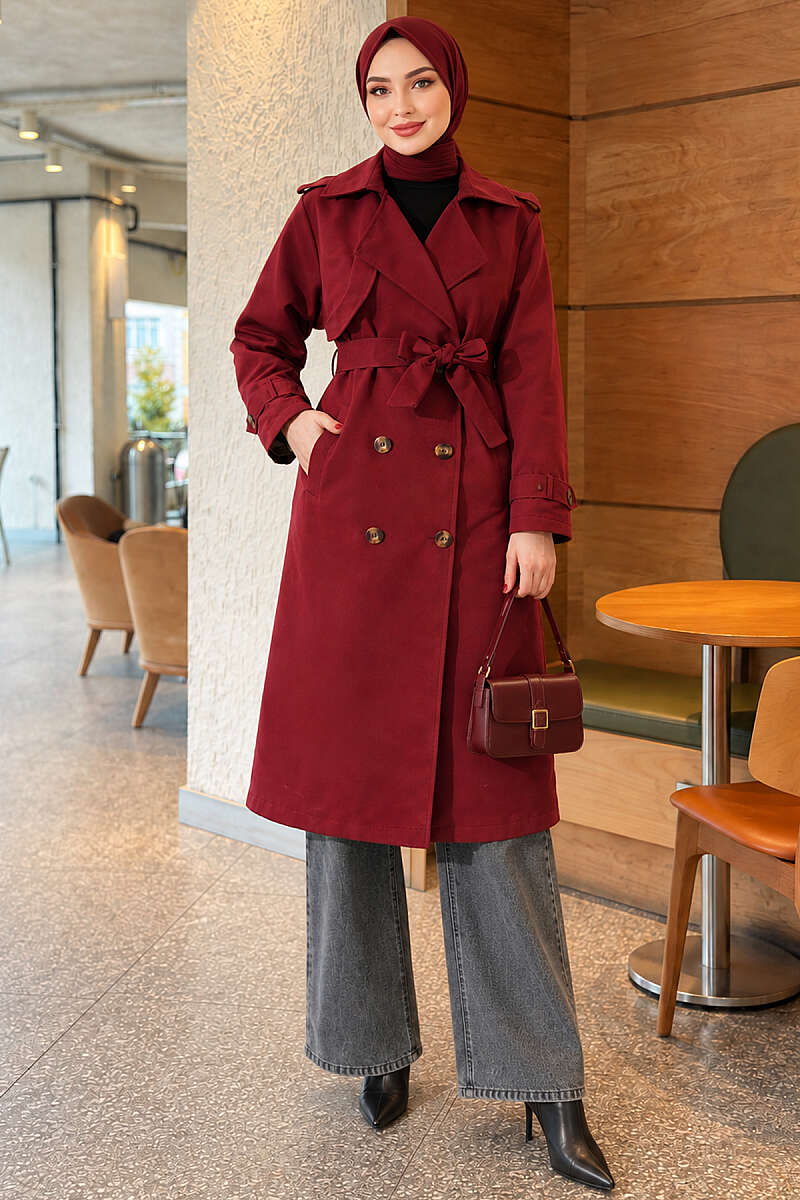 Long Double-Breasted Trench Coat - Burgundy