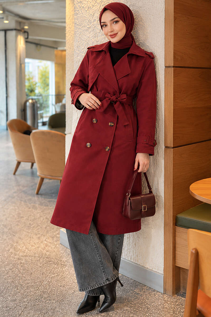 Long Double-Breasted Trench Coat - Burgundy