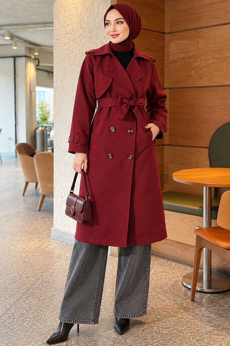 Long Double-Breasted Trench Coat - Burgundy