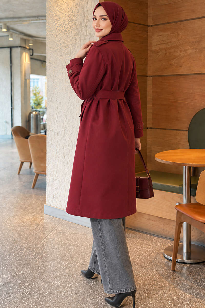 Long Double-Breasted Trench Coat - Burgundy