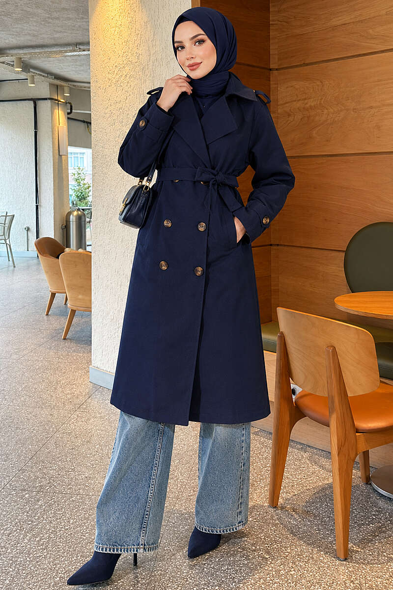 Long Double-Breasted Trench Coat - Navy