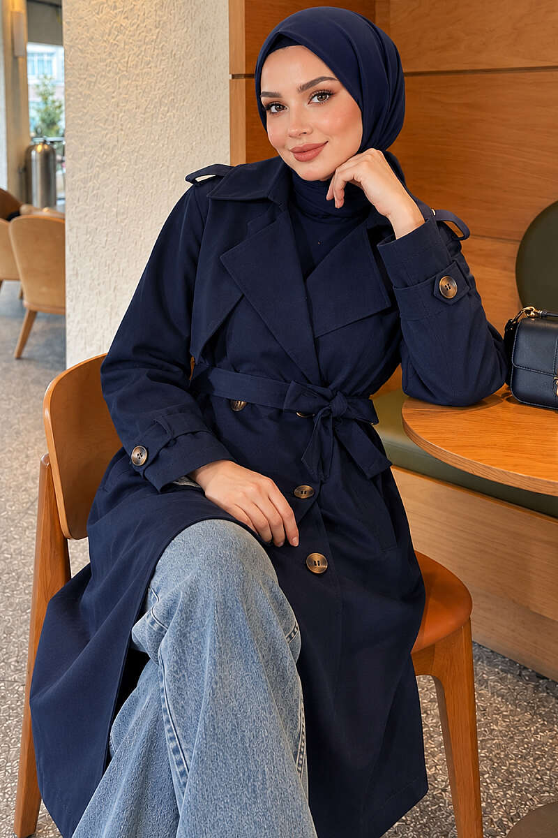 Long Double-Breasted Trench Coat - Navy