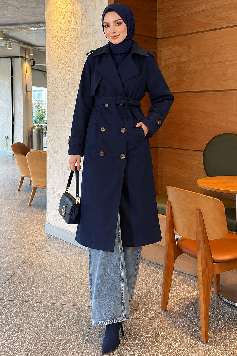 Long Double-Breasted Trench Coat - Navy