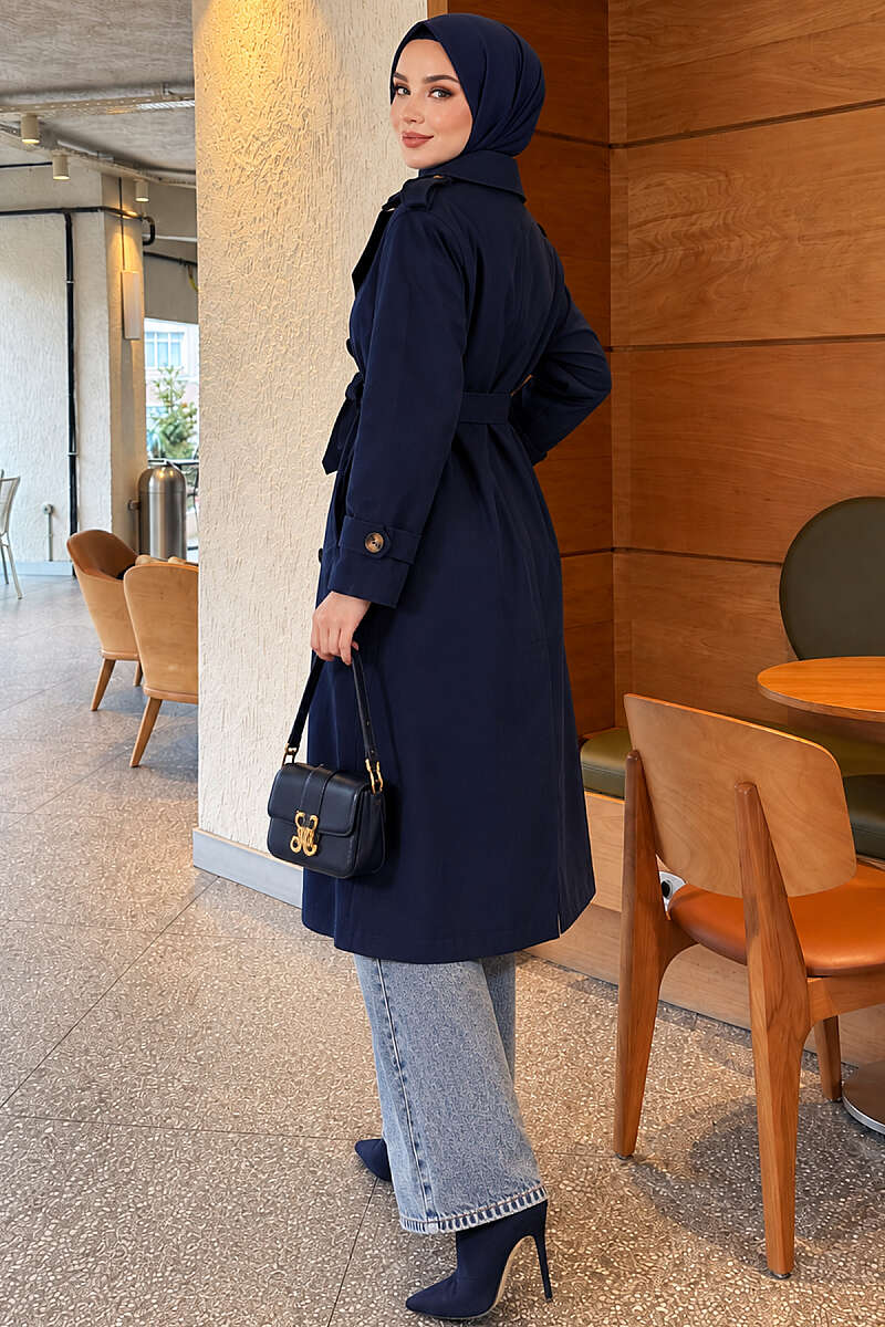 Long Double-Breasted Trench Coat - Navy