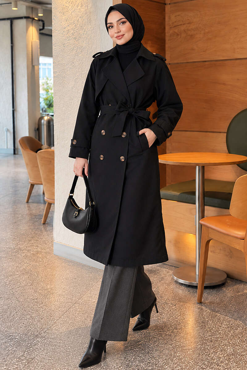 Long Double-Breasted Trench Coat - Black