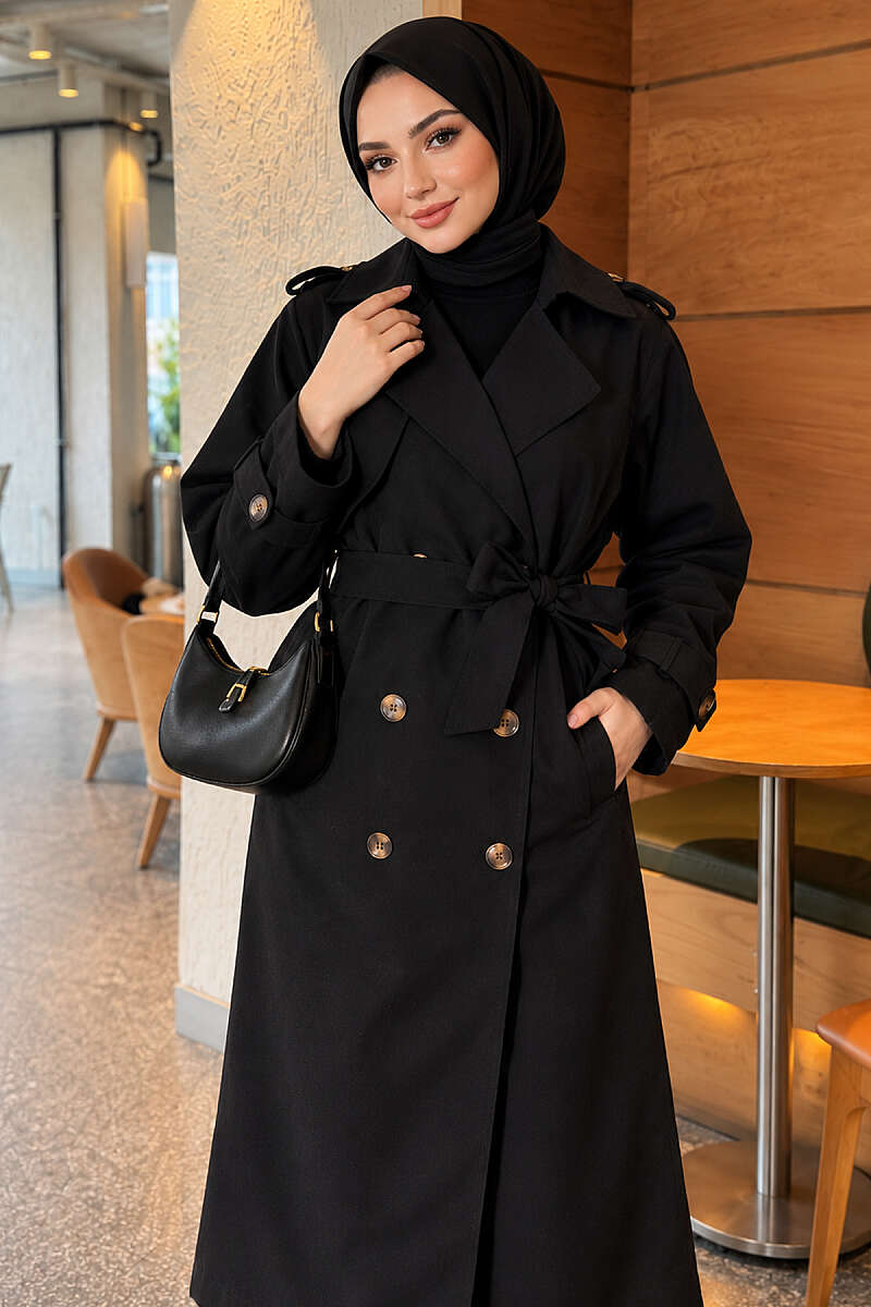 Long Double-Breasted Trench Coat - Black