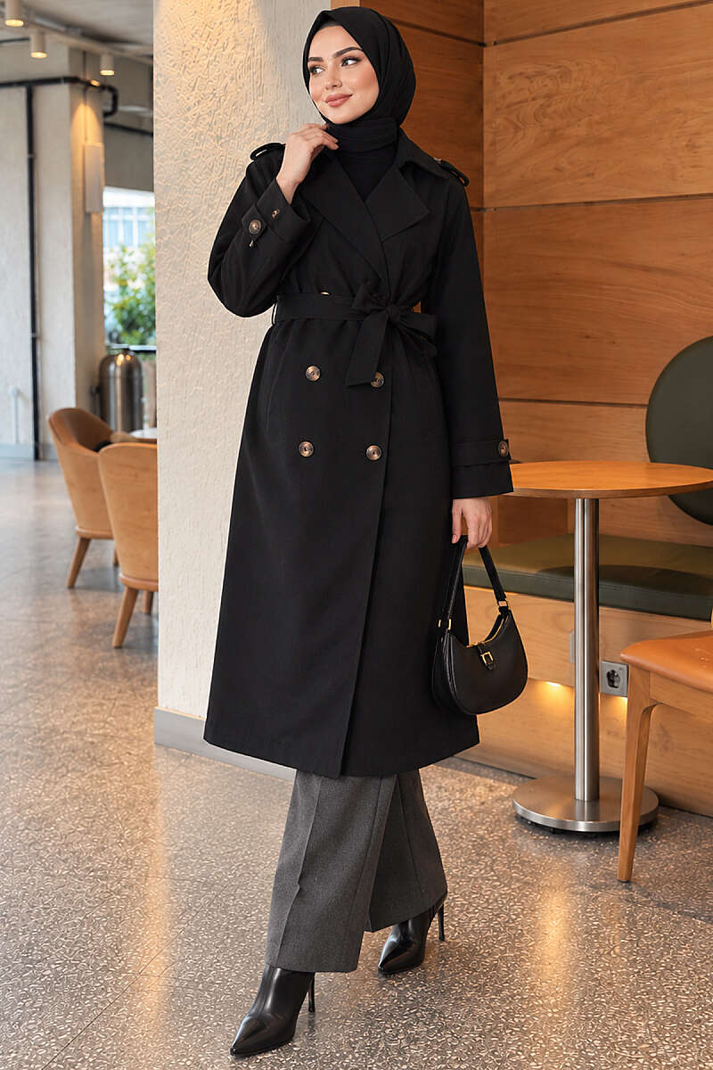 Long Double-Breasted Trench Coat - Black