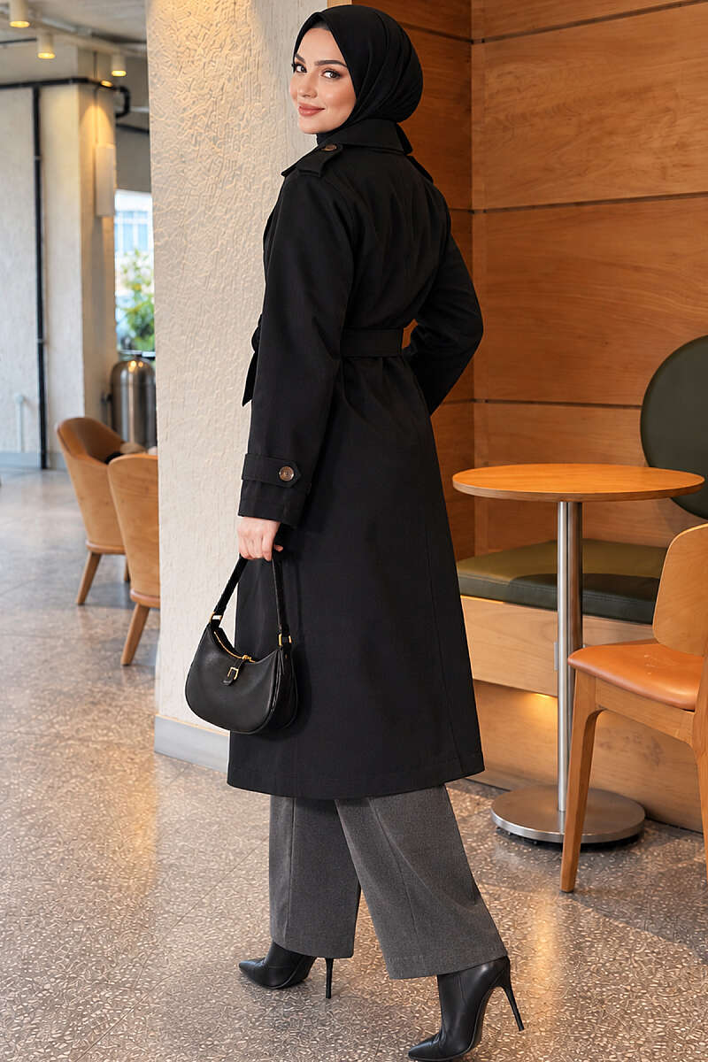 Long Double-Breasted Trench Coat - Black