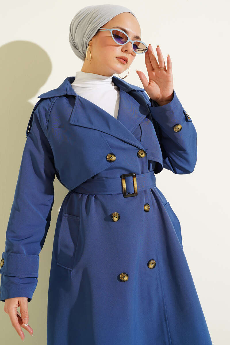 Belted Double-Breasted Trench Coat with Cape - Indigo