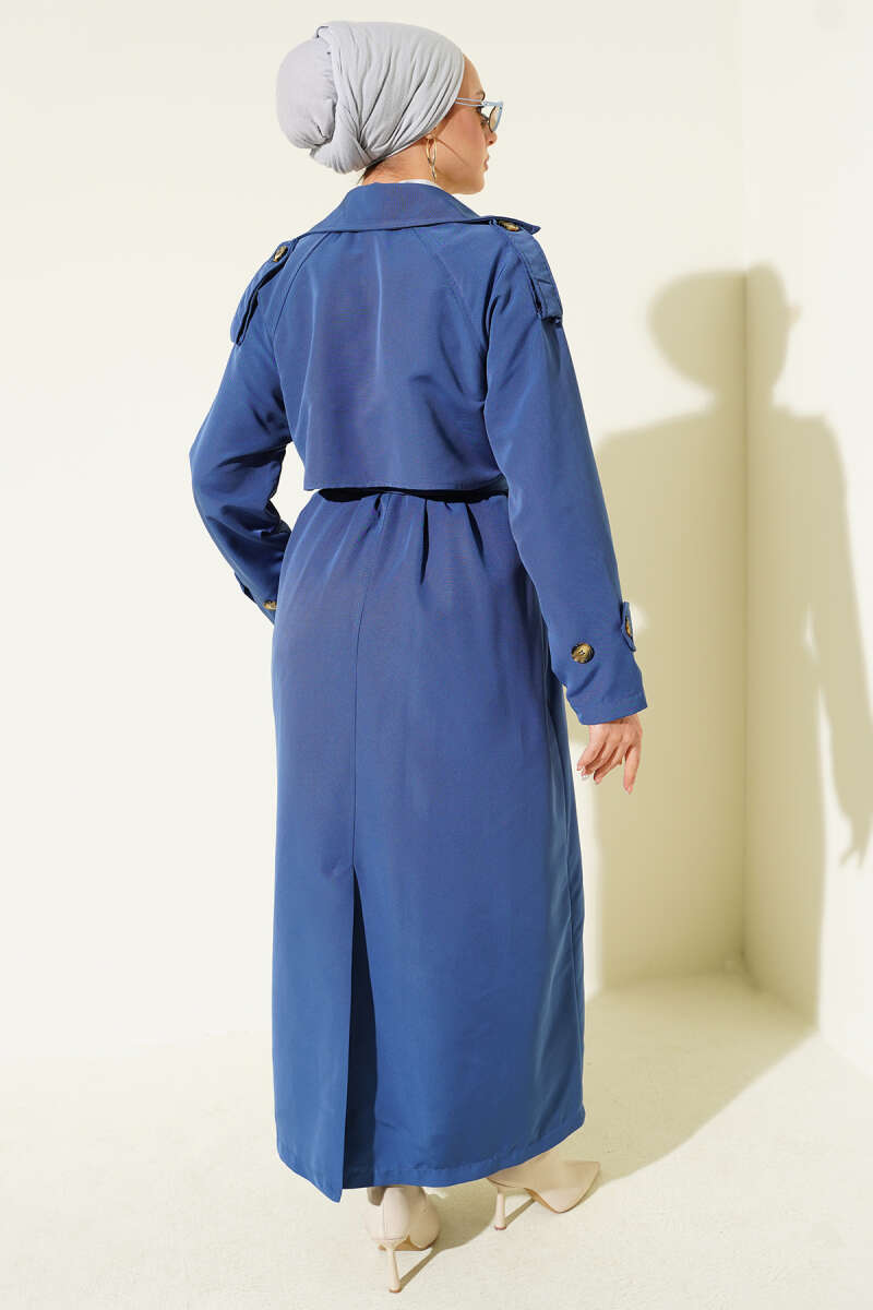 Belted Double-Breasted Trench Coat with Cape - Indigo