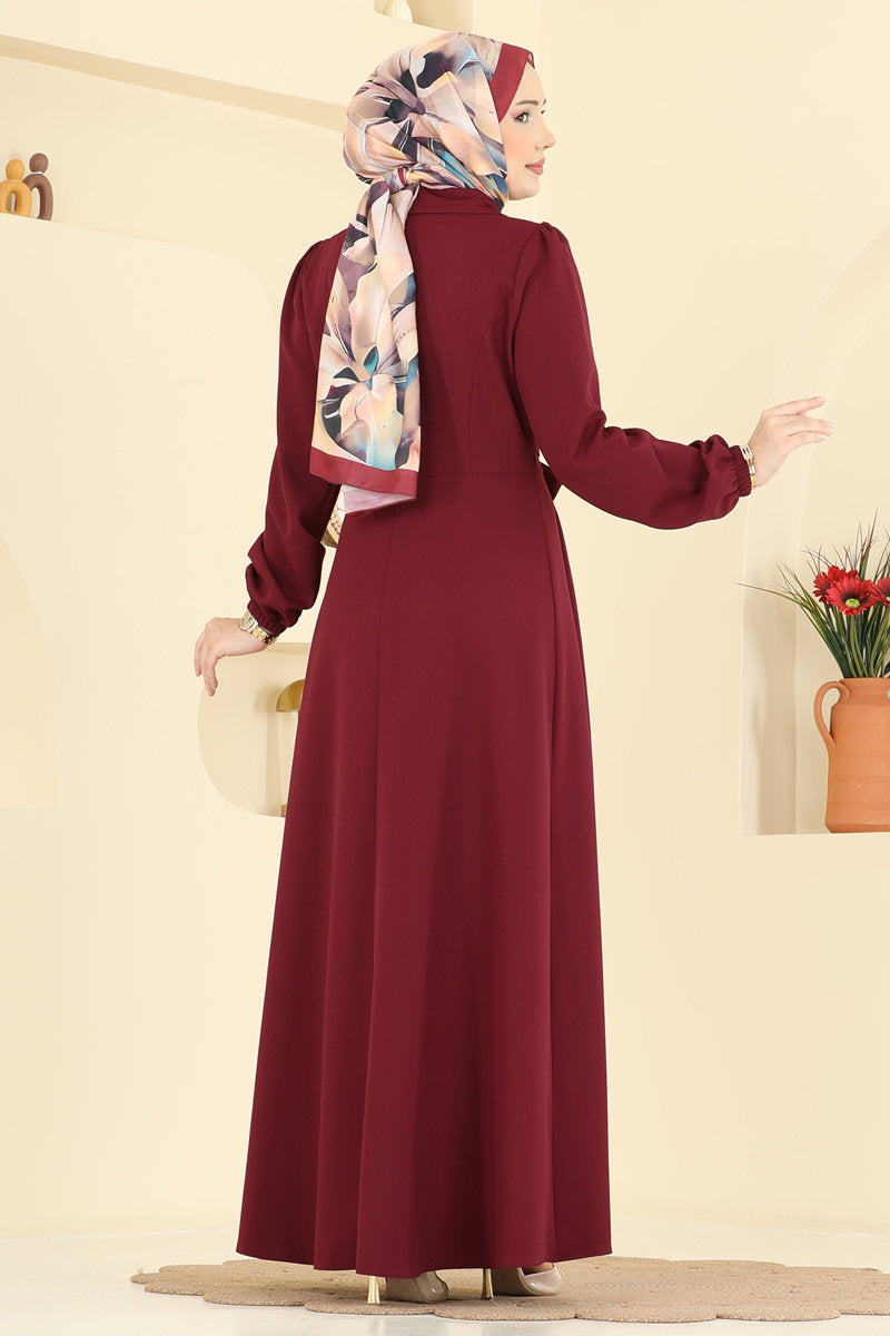 Double Knit Wrap-Neck Dress with Ties - Burgundy