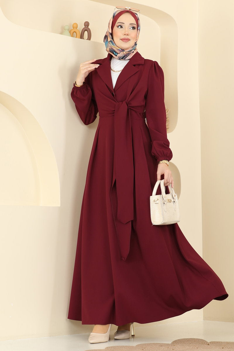 Double Knit Wrap-Neck Dress with Ties - Burgundy