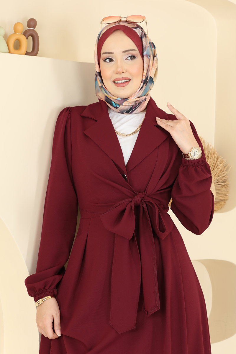 Double Knit Wrap-Neck Dress with Ties - Burgundy