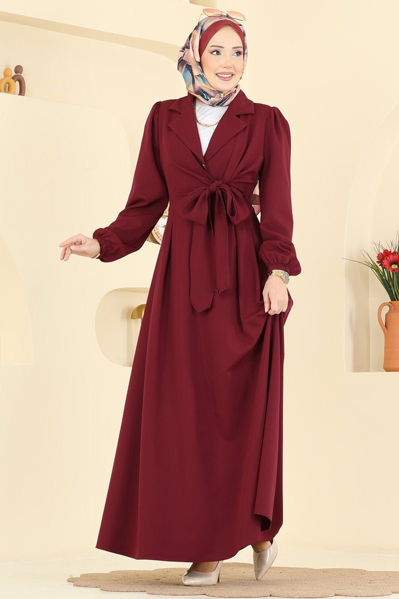 Double Knit Wrap-Neck Dress with Ties - Burgundy
