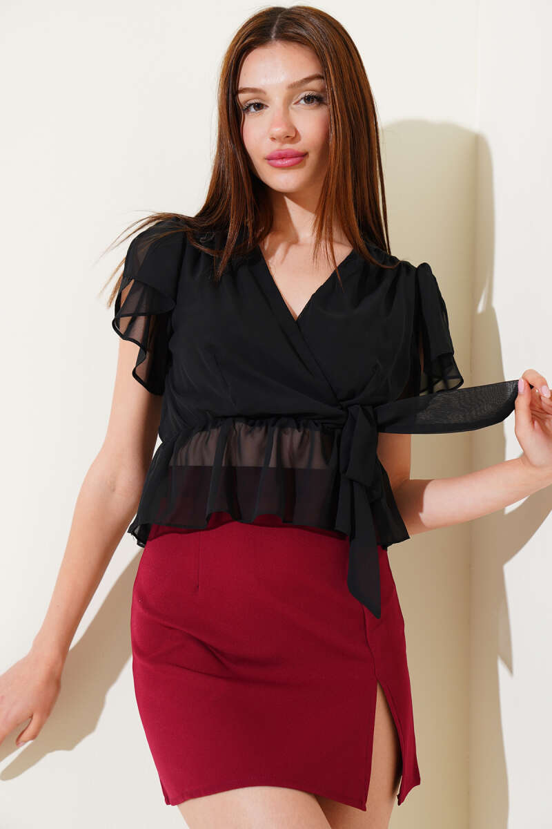 Wrap Tie Chiffon Blouse - Black